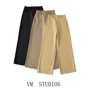 欧美女装  雅痞风卡其色高腰气质女士阔腿西装裤女老钱直筒休闲裤