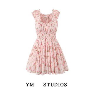 【包邮】甜心少女粉色碎花木耳边松紧收腰连衣裙无袖迷你度假短裙