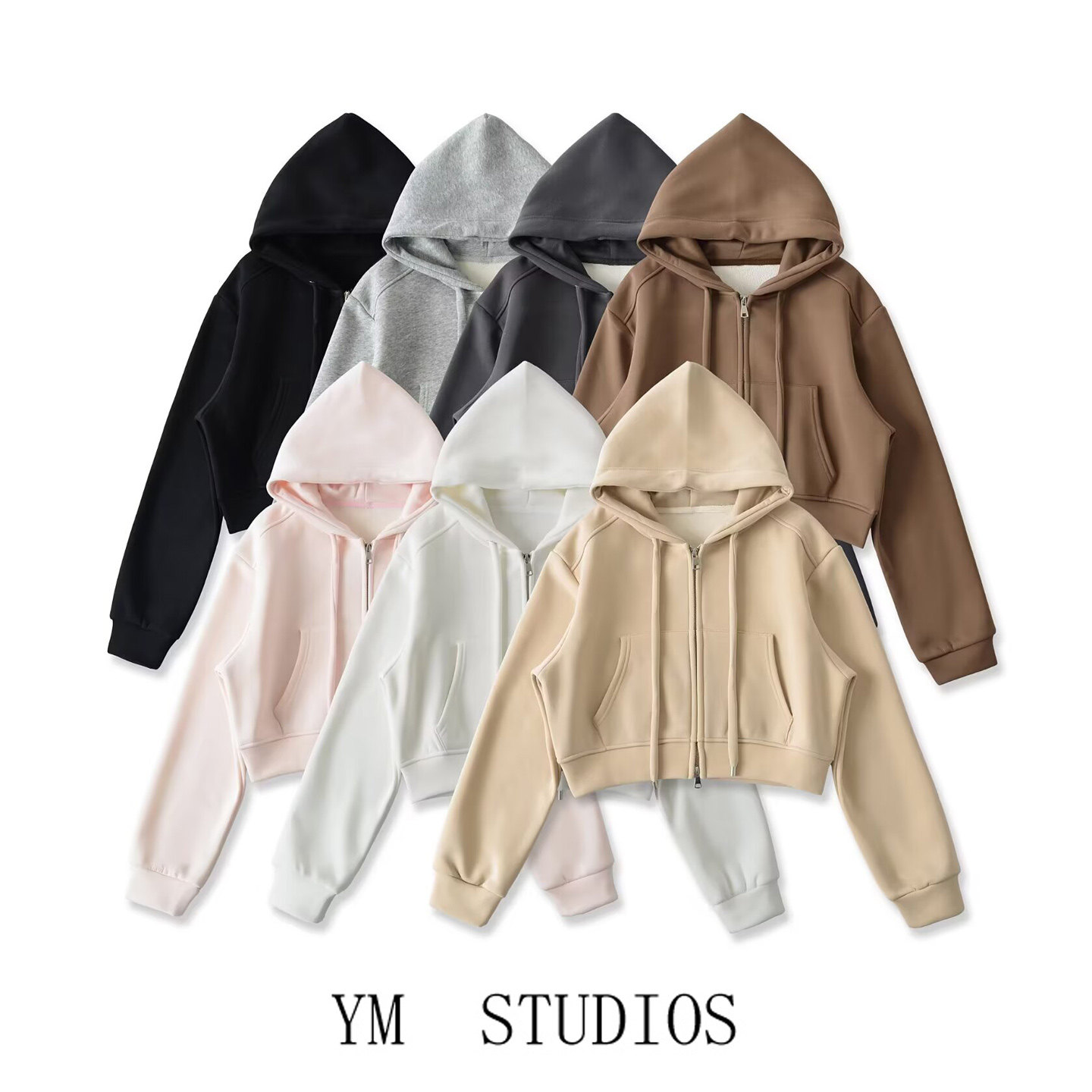 欧美女装  韩系学院风加绒连帽拉链短外套女宽松显瘦百搭休闲卫衣