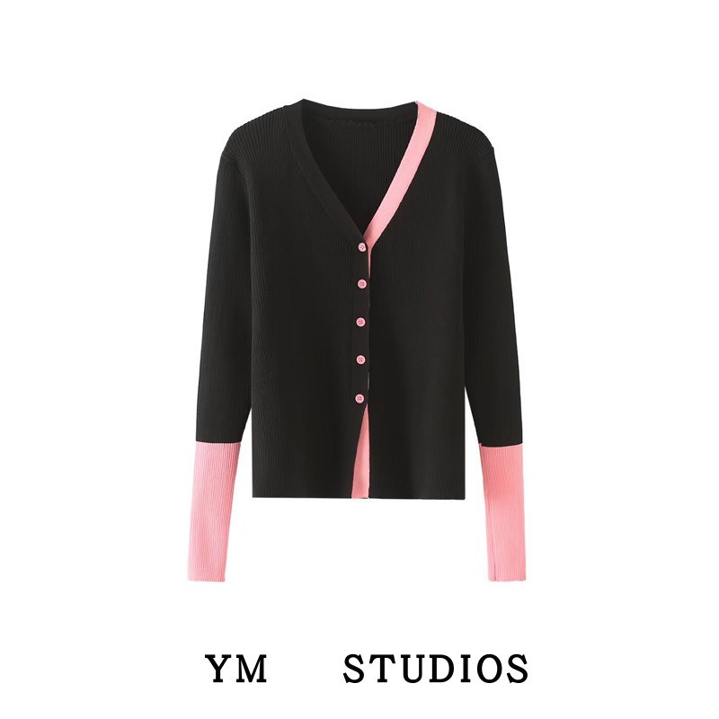 撞色拼接袖子假两件针织衫