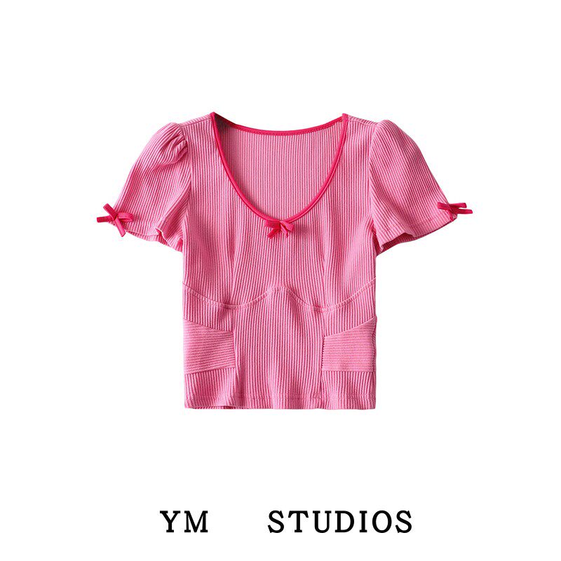 【包邮】少女系列粉色蝴蝶结饰短袖t恤女夏季修身短款U领辣妹上衣