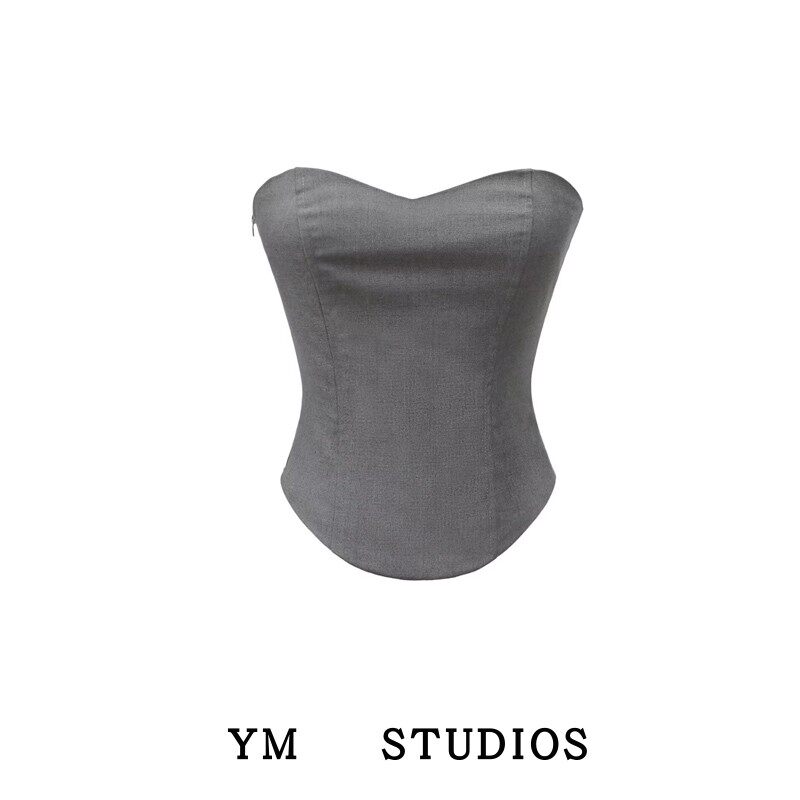 【包邮】美式辣妹立体裁剪收腰拉链抹胸松紧西装式背心短上衣外穿