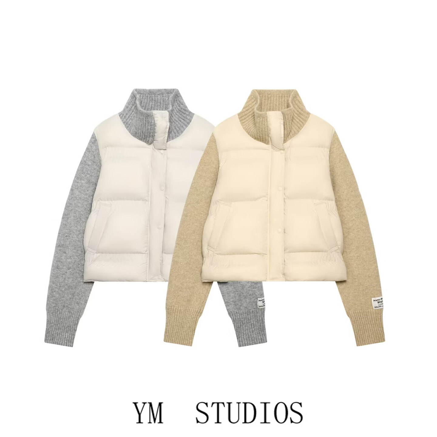 针织拼接袖立领棉服女宽松