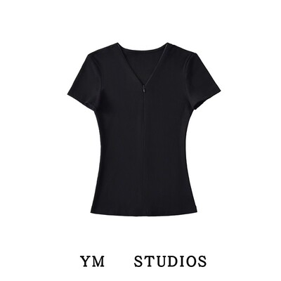 V领拉链两穿上衣女夏季紧身