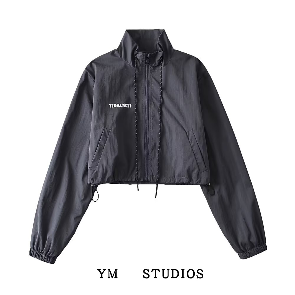 欧美女装长袖立领纯色拉链短外套夹克棒球服宽松显瘦打底衫上衣秋