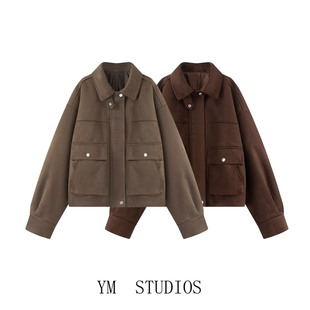 欧美女装 美拉德翻领拉链麂皮绒绒面质感短款夹克秋季休闲外套女