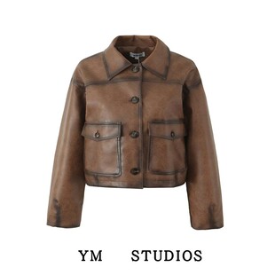 【包邮】美式复古擦色皮衣街头JK风酷飒高品质短款棕色机车外套女