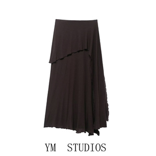 欧美女装    不对称叠层饰软糯面料半身裙不规则开叉软质长裙棕色
