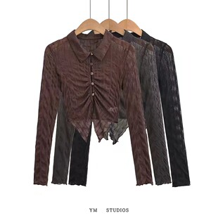 欧美女装网纱防晒衫衬衫女式长袖短款薄款微透气质轻熟汗衫防晒衣