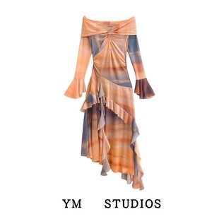 【包邮】油画风复古晕染纱网褶皱渐变一字领连衣裙长袖不规则长裙