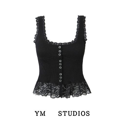 弹力蕾丝拼接外穿黑色背心博主风