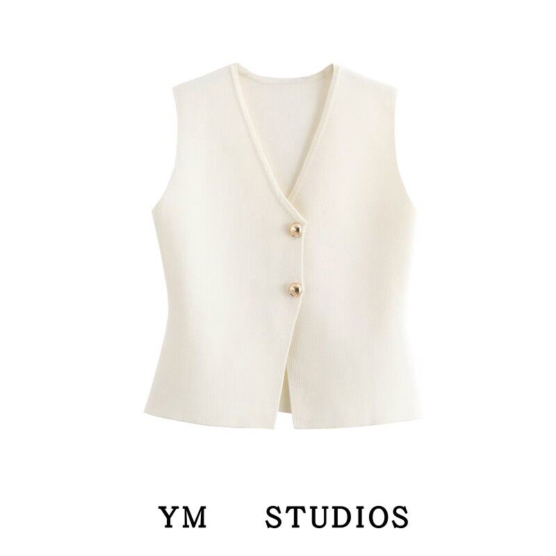 【包邮】复古小香风金色纽扣饰针织背心式上衣秋冬季V领收腰马甲