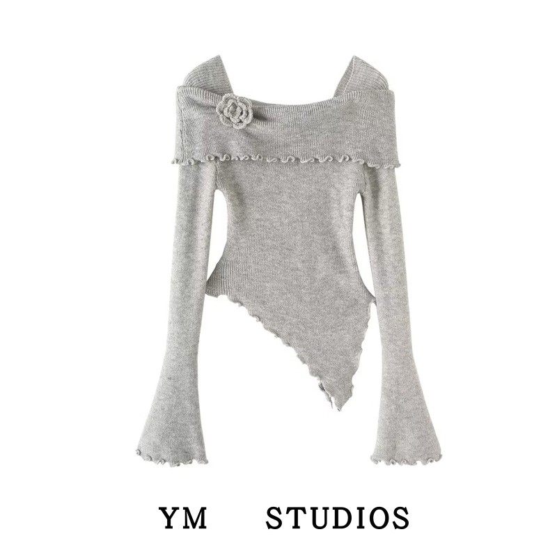 【包邮】一字肩立体花朵饰木耳边毛衣高弹不规则纯欲喇叭袖打底衫,女装/女士精品,毛针织衫,淘宝优惠券,粉丝福利购,淘宝优惠卷