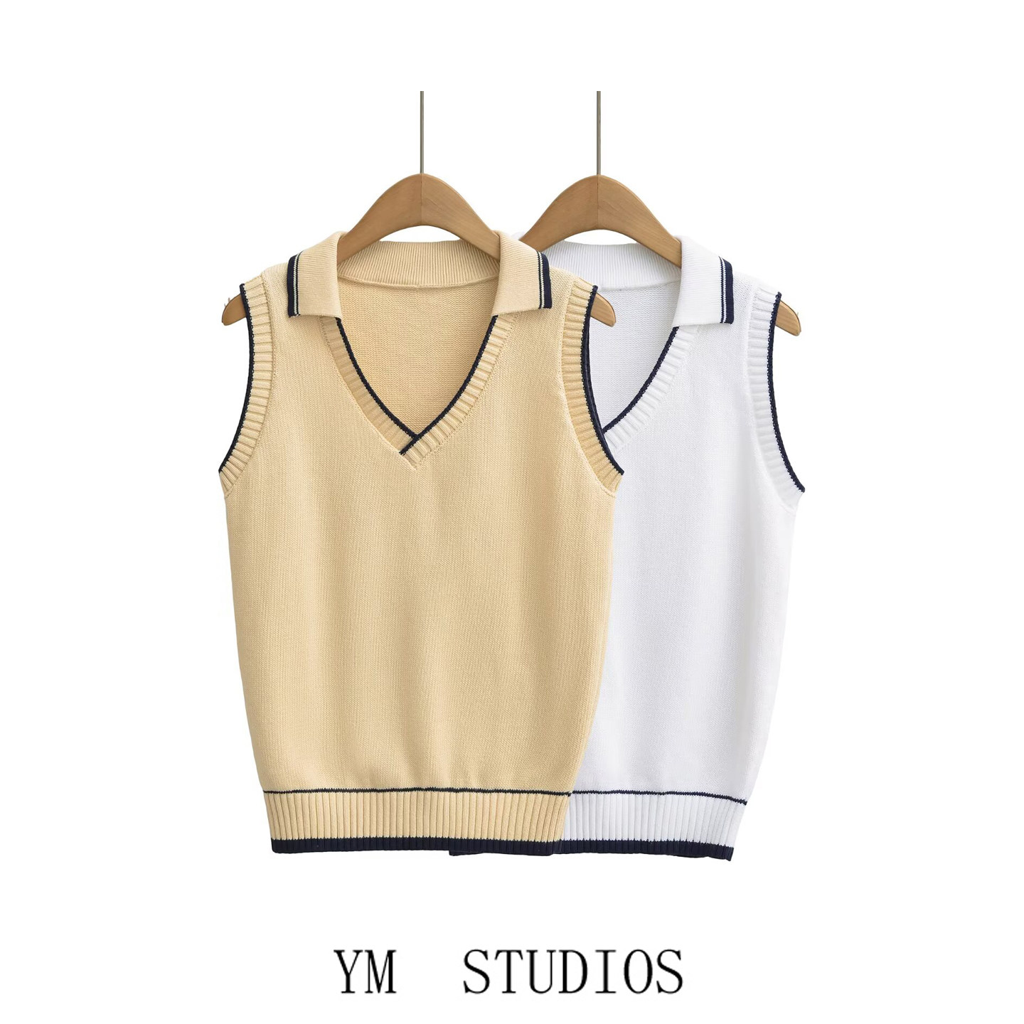 欧美女装   学院风V领撞色针织马甲女无袖衬衫领衬衫外搭坎肩背心