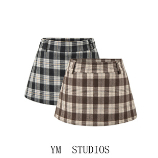 欧美女装   美式复古格纹A字半身裙低腰学院风防走光裤减龄短裙子