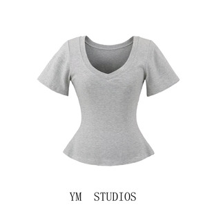 蝴蝶袖 基础款 V领T恤女夏季 收腰正肩辣妹短款 汗衫 人棉短袖 包邮