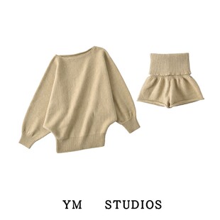 【包邮】加州美院复古斜肩长袖毛衣慵懒风针织衫纯欲秋冬短裤套装