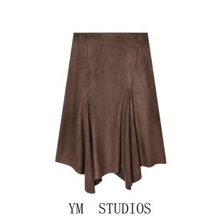 欧美女装  复古风不对称绒面质感半身裙棕色中长款百搭不规则裙子