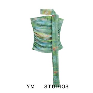 澳洲度假风复古绿色褶皱印花背心颈饰飘带平口抹胸上衣女 包邮