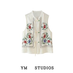 【包邮】复古国风花朵刺绣无袖马甲上衣夏季薄款系带背心外穿坎肩