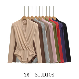 裤 连体衣女轻熟知性连裆打底衫 性感深V领褶皱垫肩长袖 欧美女装