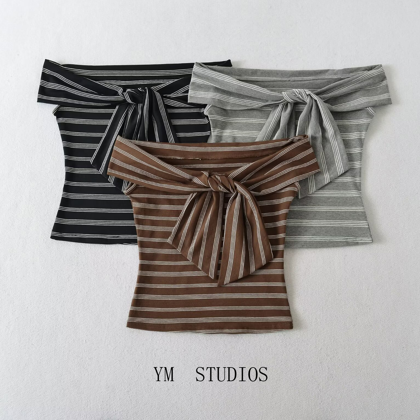 一字肩条纹短袖T恤女夏季