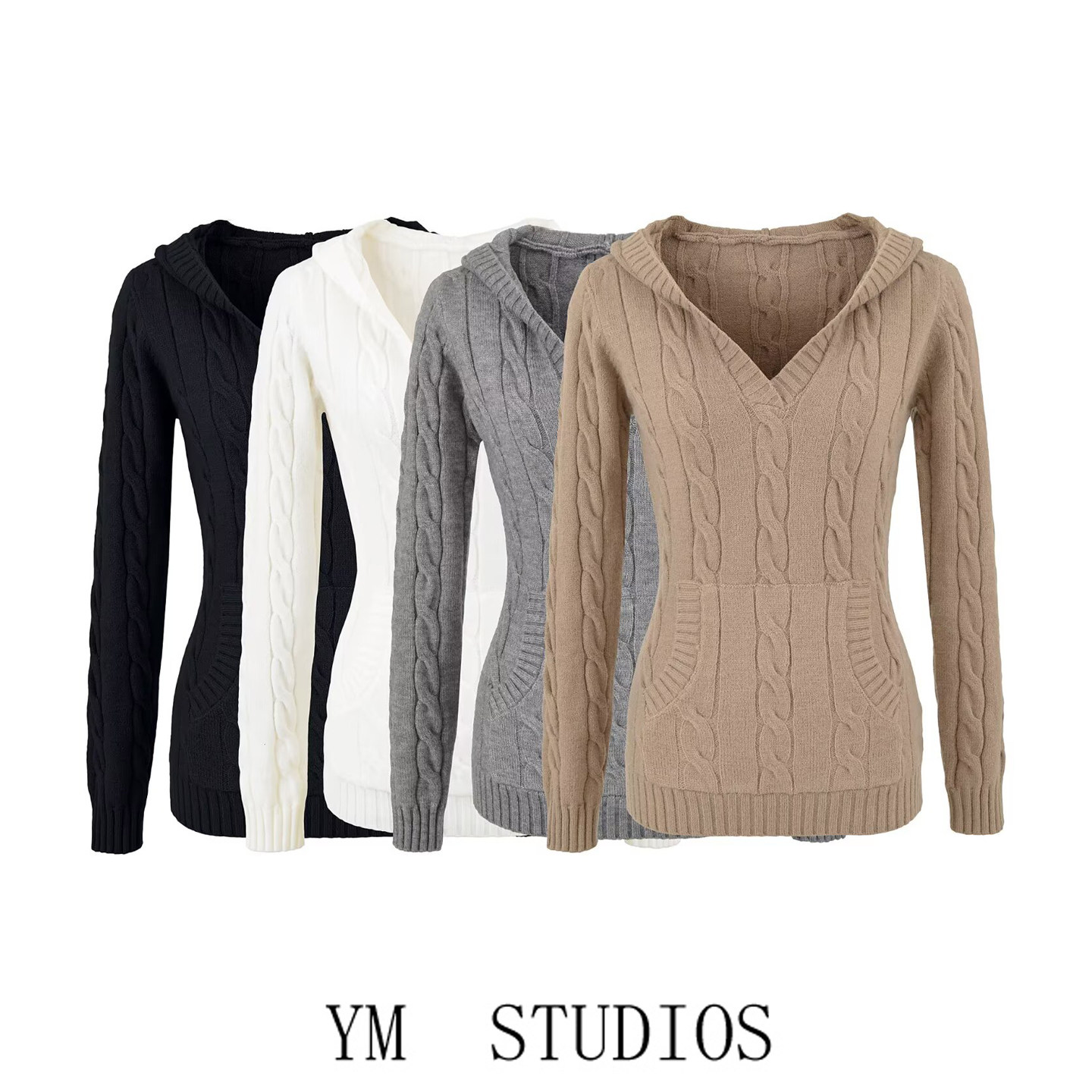 欧美女装   复古风V领麻花收腰连帽套头针织衫女修身打底甩帽毛衣