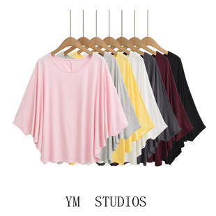 欧美女装   慵懒风蝙蝠袖面膜感莫代尔宽松T恤女宽松圆领健身罩衫