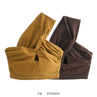 欧美女装   美式街拍不对称单肩设计短款背心亚麻褶皱吊带外穿女