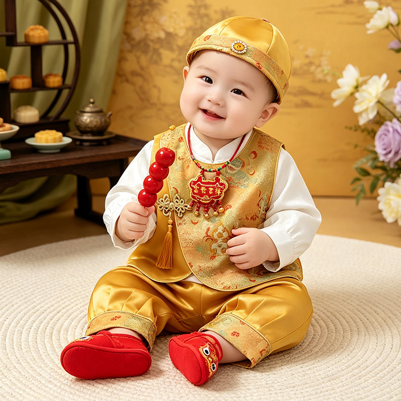 新款男宝宝周岁礼服婴儿百天生日抓周服中式唐装春秋儿童冠衣套装