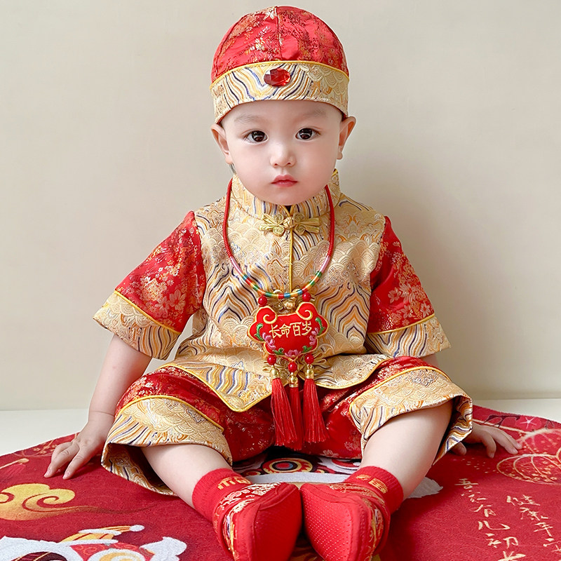 宝宝抓周礼服夏季一周岁男童唐装中国风女婴儿百天生日宴冠衣套装