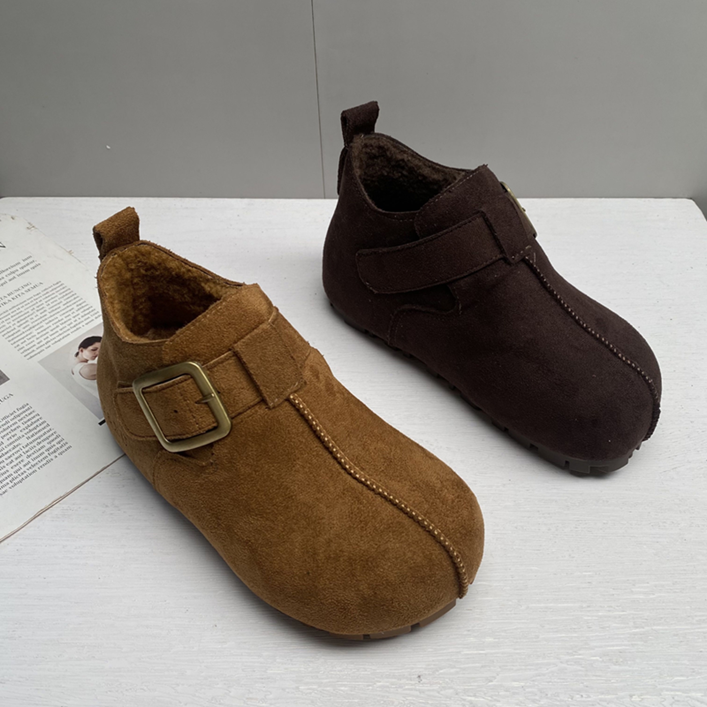 绒面鞋勃肯鞋圆头平底鞋2025新款断码处理女鞋舒适休闲加绒棉鞋