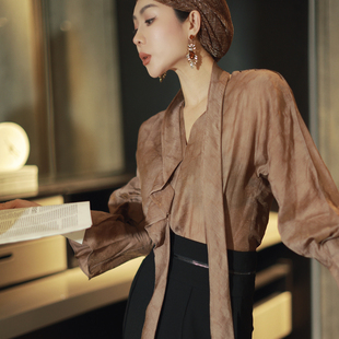 新款 丝带优雅衬衫 时尚 潮流个性 女黑色提花设计感灯笼袖 2025春季