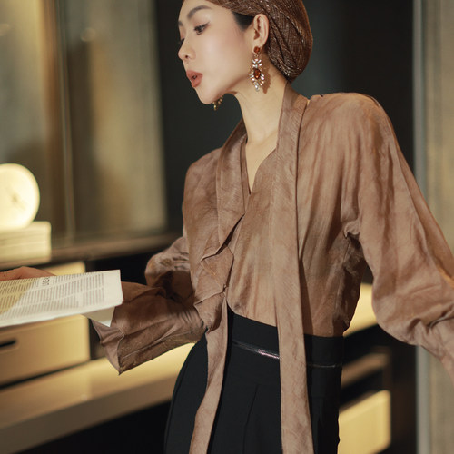 黑色提花设计感灯笼袖潮流个性