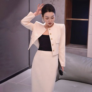 2023年秋季小香风时尚套装两件套单排扣通勤外套高腰包臀气质半裙