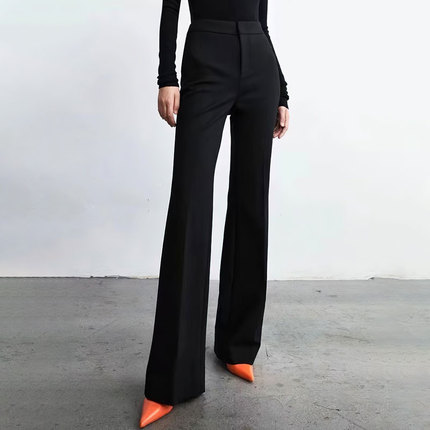 2024年春季新款女士黑色修身高腰直筒微喇长裤时尚百搭通勤休闲裤