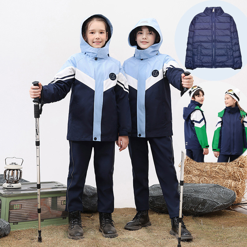 高中小学生校服秋冬冲锋衣加绒三件套装男女儿童冬季班服羽绒外套