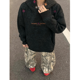 美式高街字母刺绣十字架帽衫卫衣男秋冬季加绒加厚重磅奥粒绒外套