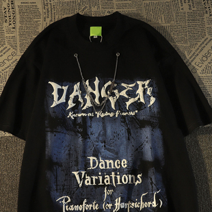 上衣 t恤男女夏潮牌宽松欧美高街hiphop半袖 美式 街头项链纯棉短袖