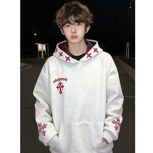 美式复古高街十字架字母刺绣连帽卫衣男2026冬季加绒加厚情侣外套
