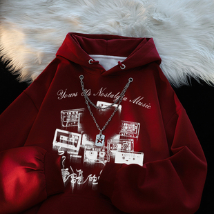 美式高街潮牌项链录像带连帽卫衣男秋冬宽松百搭加绒加厚情侣外套