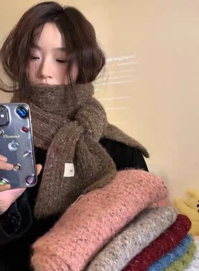 韩系新款保暖围巾女秋冬季高级感法式针织纯色百搭女厚款森系围巾