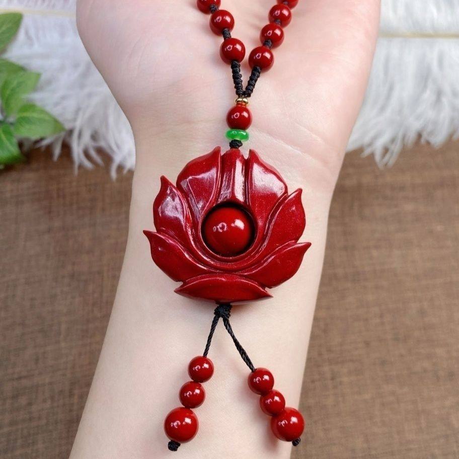 天然高含量朱砂紫金砂镂空莲花吊坠本命年挂件毛衣链