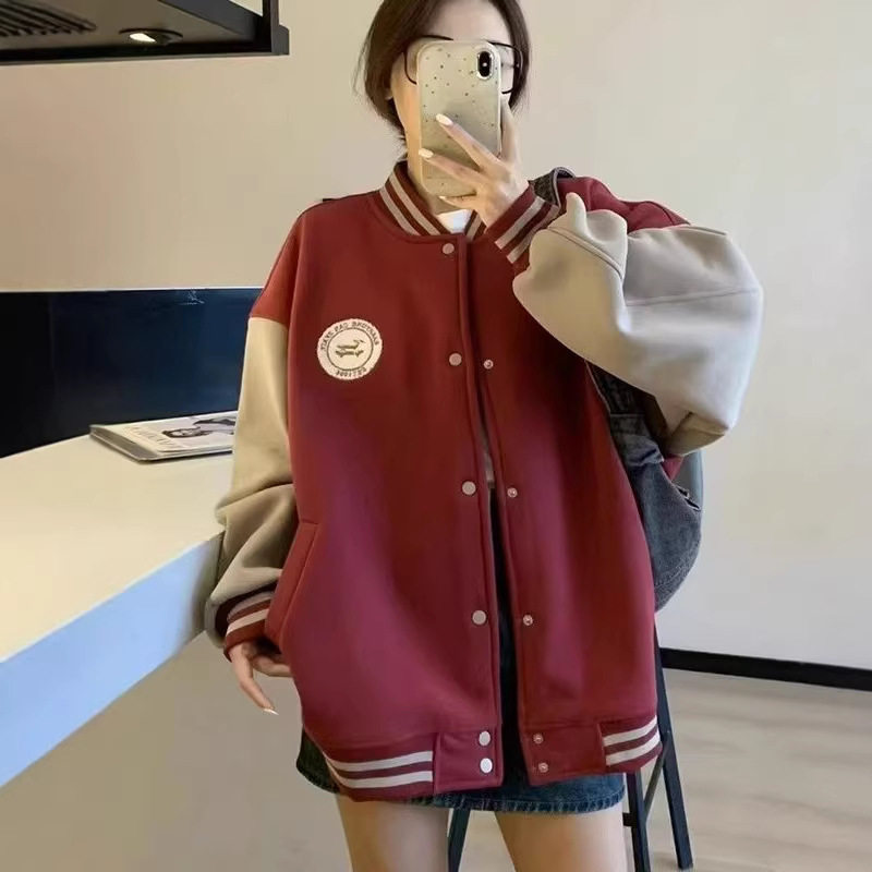 跨境慵懒风棒球服外套女秋冬加绒加厚复古宽松休闲开衫卫衣ins潮