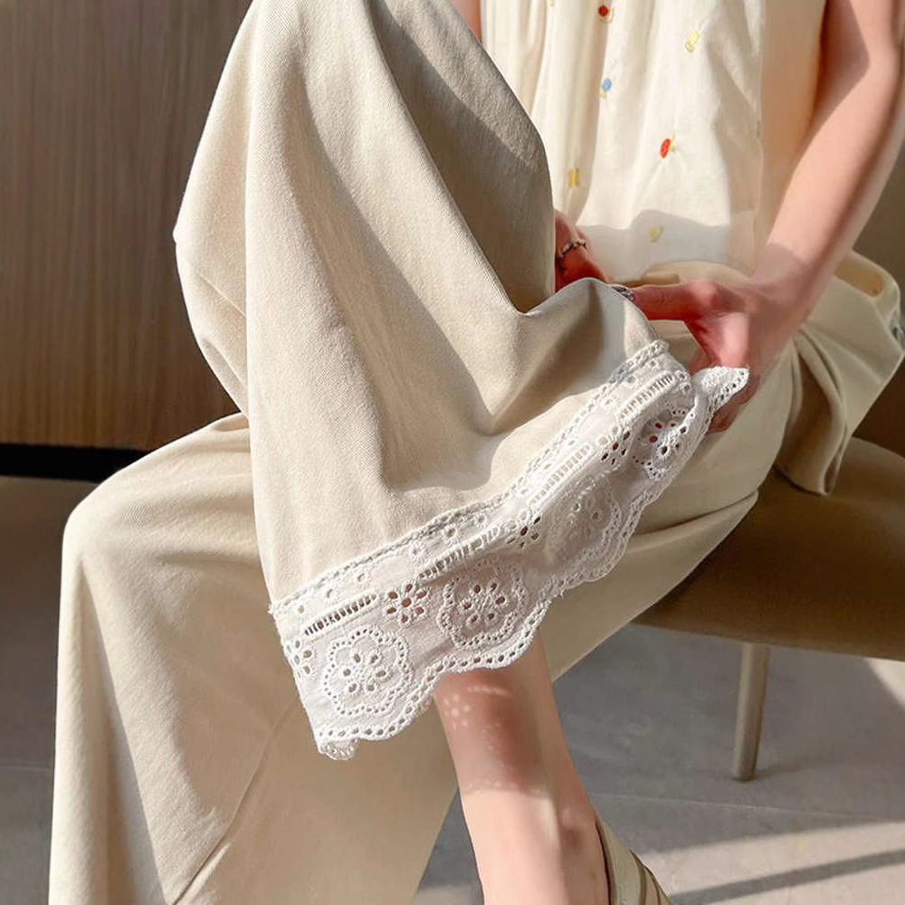 蕾丝花边阔腿裤女春夏季高腰收腹直筒休闲裤垂感宽松显瘦九分裤子,女装/女士精品,休闲裤,淘宝优惠券,粉丝福利购,淘宝优惠卷