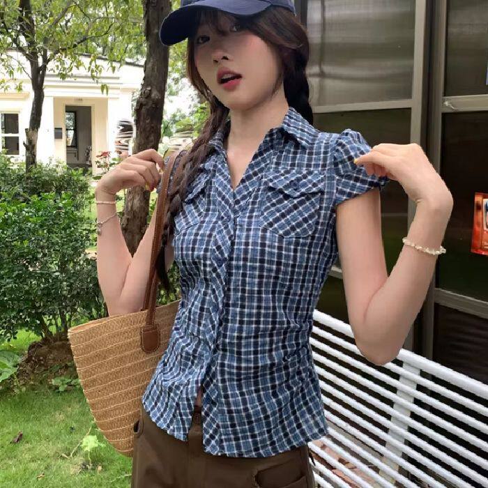 跨境2026复古格子短袖衬衫女夏季修身显瘦收腰甜辣妹衬衣女潮