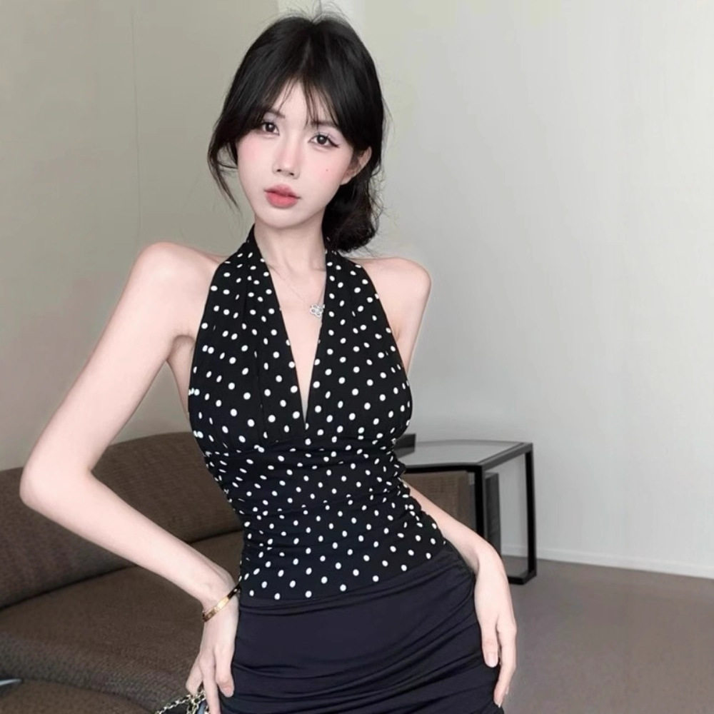 美式黑色波点v领挂脖背心女夏季外穿纯欲风修身辣妹露背无袖上衣