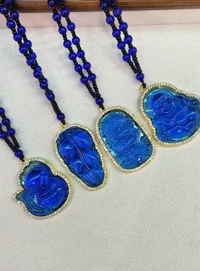 蓝色镶钻项链如意弥勒佛龙牌狐狸玫瑰花女款毛衣链直播旅游景区品