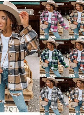 欧美爆款2024ebay亚马逊wish秋冬新品时尚大格子衬衣女式毛呢外套