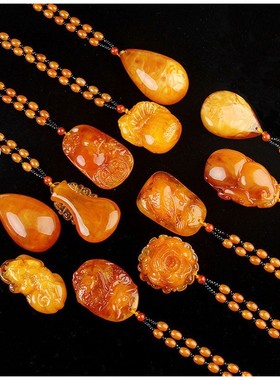 仿老蜜蜡吊坠毛衣链母亲节礼物二代鸡油黄琥珀长款挂坠仿蜜蜡项链